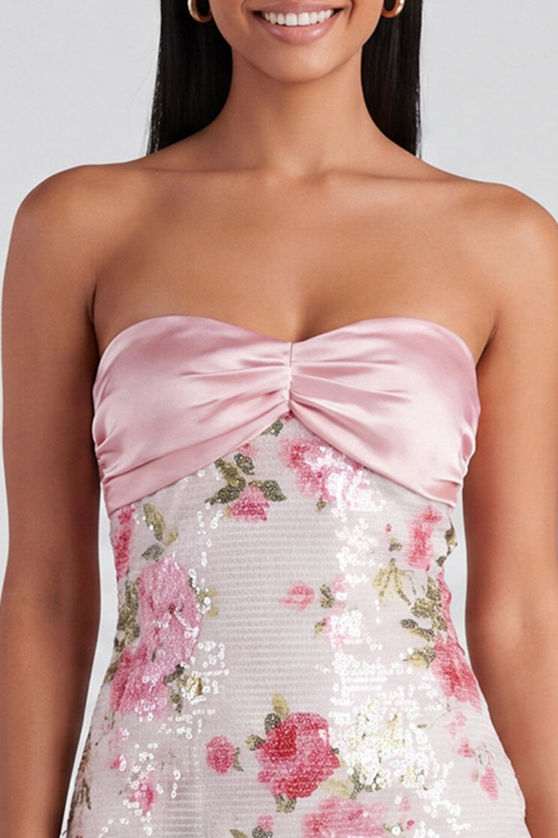 Laden Sie das Bild in den Galerie-Viewer, Hellrosa Bodycon, trägerloses Mini-Homecoming-Kleid mit Pailletten