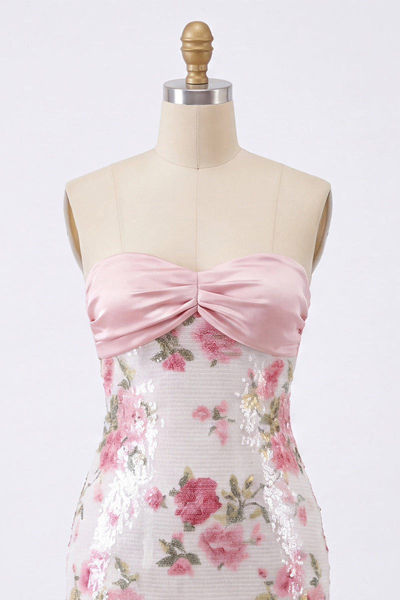 Laden Sie das Bild in den Galerie-Viewer, Hellrosa Bodycon, trägerloses Mini-Homecoming-Kleid mit Pailletten