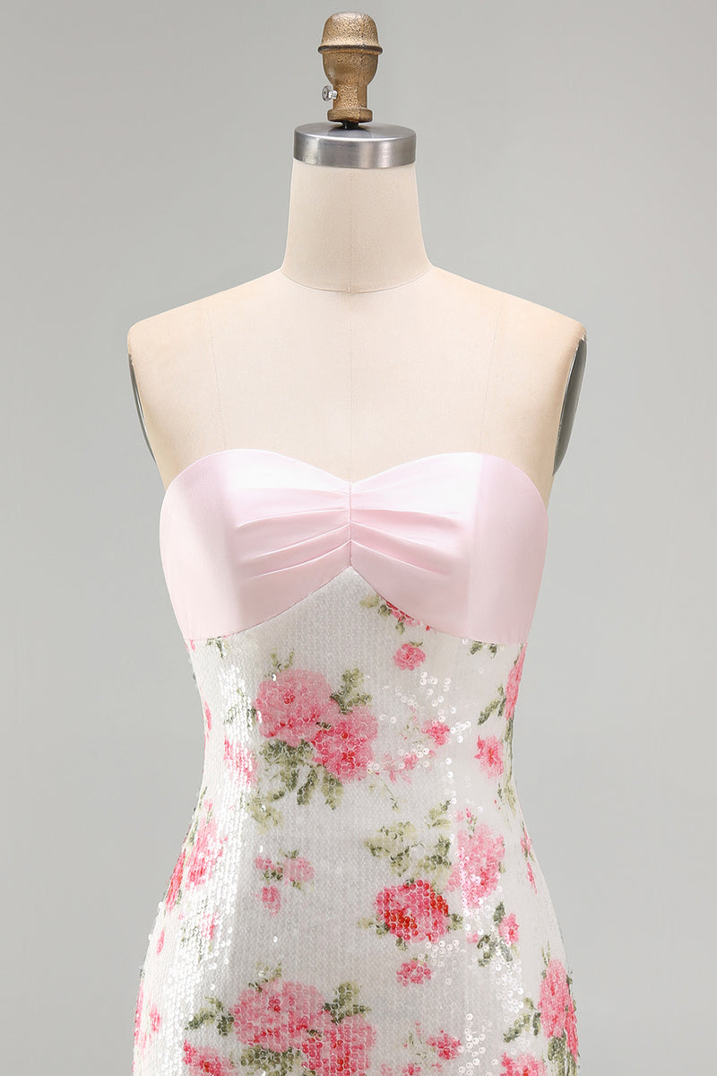Laden Sie das Bild in den Galerie-Viewer, Hellrosa Bodycon Trägerloses Mini Kurzes Abendkleid mit Pailletten