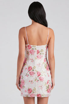 Bodycon Hellrosa Blumen Pailletten Kurzes Abendkleid mit Schleife