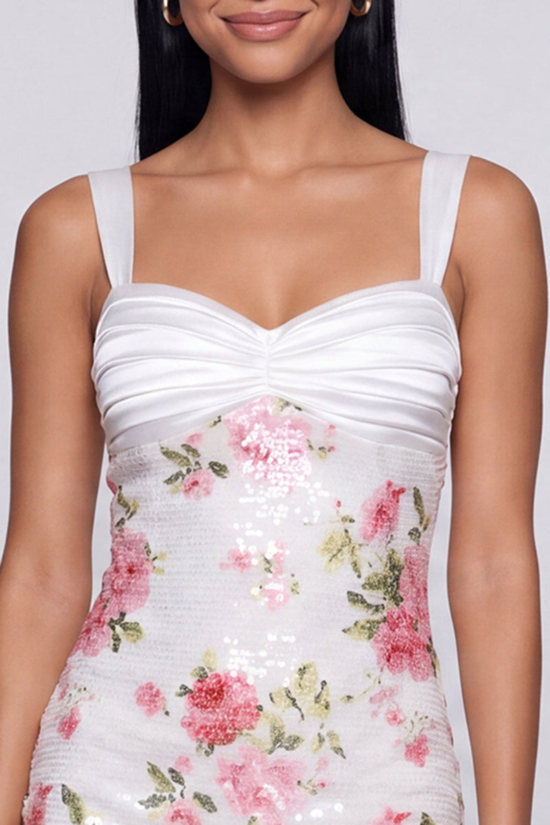 Laden Sie das Bild in den Galerie-Viewer, Elfenbeinfarbenes Floral-Bodycon-Pailletten-Homecoming-Kleid mit Schleife