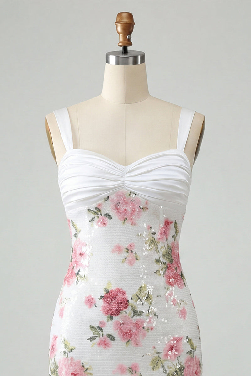 Laden Sie das Bild in den Galerie-Viewer, Elfenbeinfarbenes Floral-Bodycon-Pailletten-Homecoming-Kleid mit Schleife