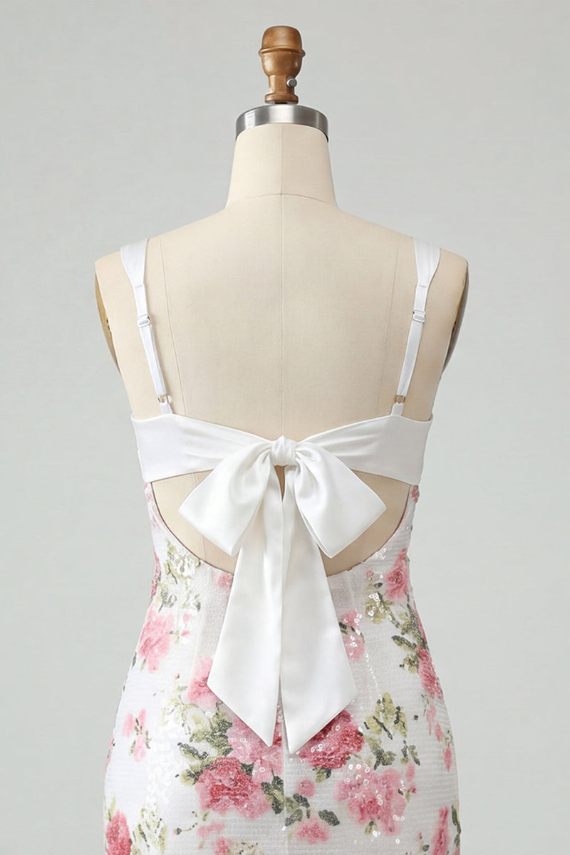 Laden Sie das Bild in den Galerie-Viewer, Elfenbeinfarbenes Floral-Bodycon-Pailletten-Homecoming-Kleid mit Schleife