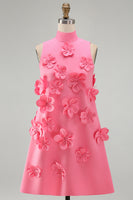 Laden Sie das Bild in den Galerie-Viewer, Knallpinkes High-Neck A-Linie Kurzes Abendkleid mit 3D-Blumen