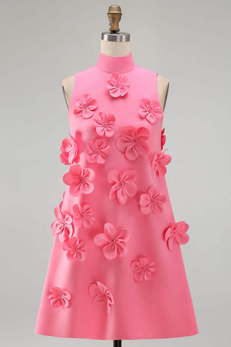 Laden Sie das Bild in den Galerie-Viewer, Knallpinkes High-Neck A-Linie Kurzes Abendkleid mit 3D-Blumen