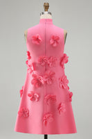 Laden Sie das Bild in den Galerie-Viewer, Knallpinkes High-Neck A-Linie Kurzes Abendkleid mit 3D-Blumen