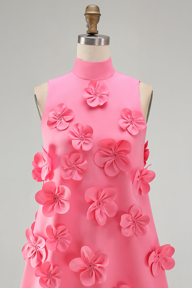 Laden Sie das Bild in den Galerie-Viewer, Knallpinkes High-Neck A-Linie Kurzes Abendkleid mit 3D-Blumen