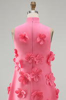 Laden Sie das Bild in den Galerie-Viewer, Knallpinkes High-Neck A-Linie Kurzes Abendkleid mit 3D-Blumen