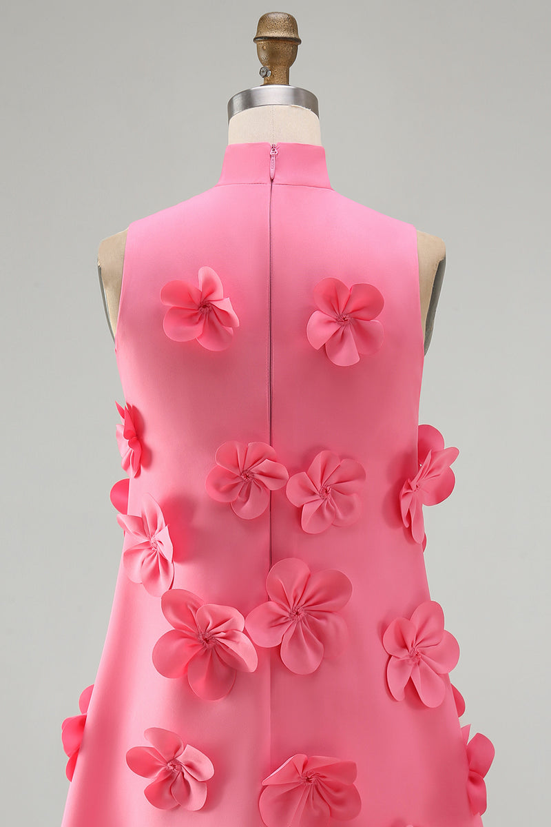 Laden Sie das Bild in den Galerie-Viewer, Knallpinkes High-Neck A-Linie Kurzes Abendkleid mit 3D-Blumen