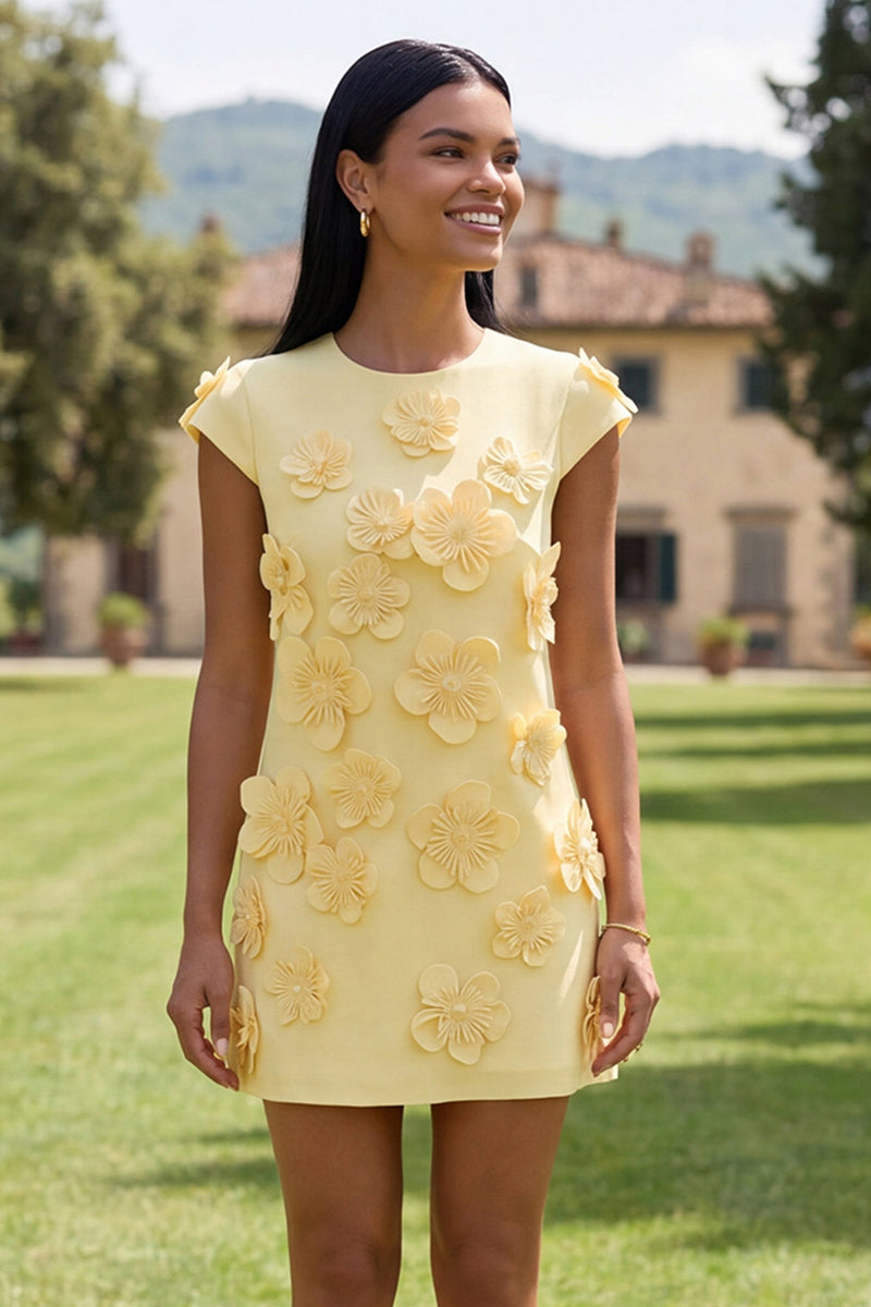 Laden Sie das Bild in den Galerie-Viewer, Gelbes Rundhals Bodycon Kurzes Abendkleid mit 3D-Blumen