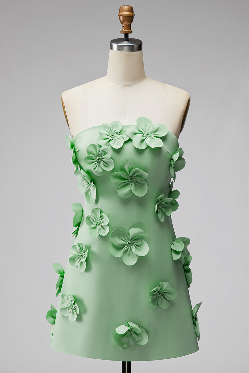 Laden Sie das Bild in den Galerie-Viewer, Trägerloses Knallpinkes Bodycon Kurzes Abendkleid mit 3D-Blumen