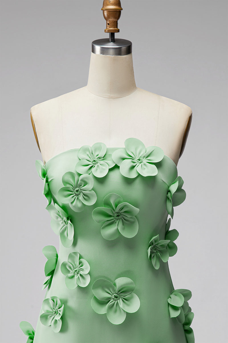 Laden Sie das Bild in den Galerie-Viewer, Trägerloses Knallpinkes Bodycon Kurzes Abendkleid mit 3D-Blumen