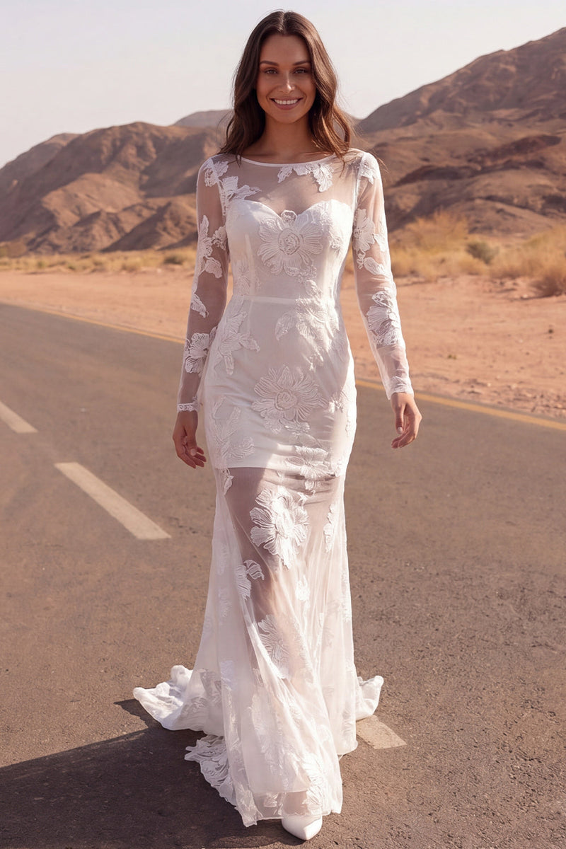 Laden Sie das Bild in den Galerie-Viewer, Elfenbeinfarbenes Meerjungfrauen-Spitzen-Langarm-Boho-Hochzeitskleid