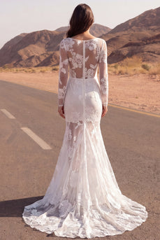 Elfenbeinfarbenes Meerjungfrauen-Spitzen-Langarm-Boho-Hochzeitskleid
