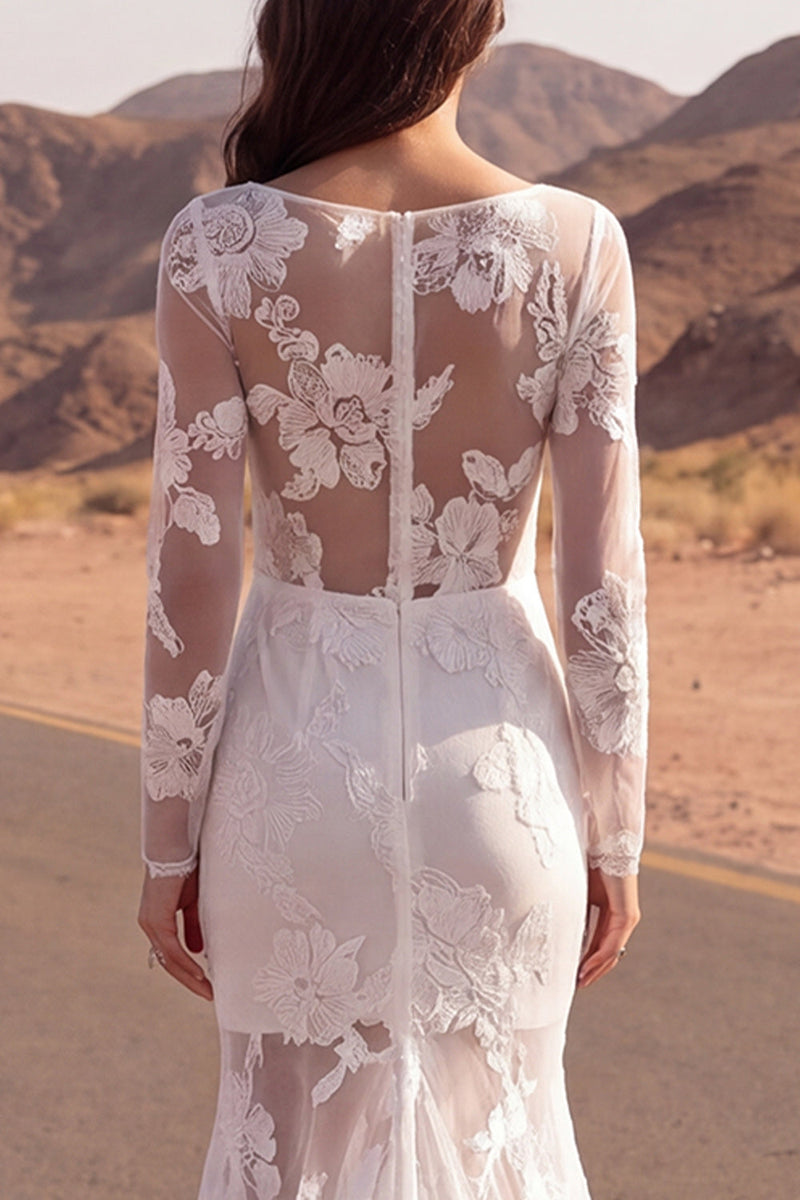 Laden Sie das Bild in den Galerie-Viewer, Elfenbeinfarbenes Meerjungfrauen-Spitzen-Langarm-Boho-Hochzeitskleid