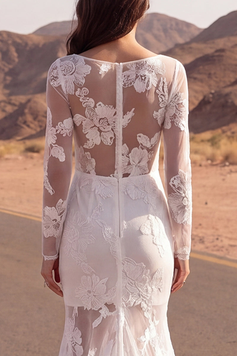 Laden Sie das Bild in den Galerie-Viewer, Elfenbeinfarbenes Meerjungfrauen-Spitzen-Langarm-Boho-Hochzeitskleid