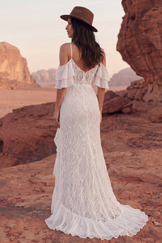 Kaltschulter-Spitzen-Elfenbein-Meerjungfrauen-Rüschen-Boho-Hochzeitskleid