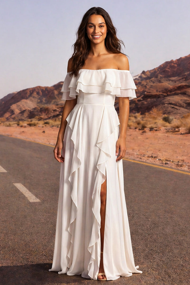 Laden Sie das Bild in den Galerie-Viewer, Off-the-shoulder Elfenbein-A-Linie Rüschen-Boho-Hochzeitskleid