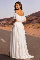 Laden Sie das Bild in den Galerie-Viewer, Off-the-shoulder Elfenbein-A-Linie Rüschen-Boho-Hochzeitskleid