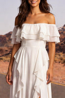 Laden Sie das Bild in den Galerie-Viewer, Off-the-shoulder Elfenbein-A-Linie Rüschen-Boho-Hochzeitskleid