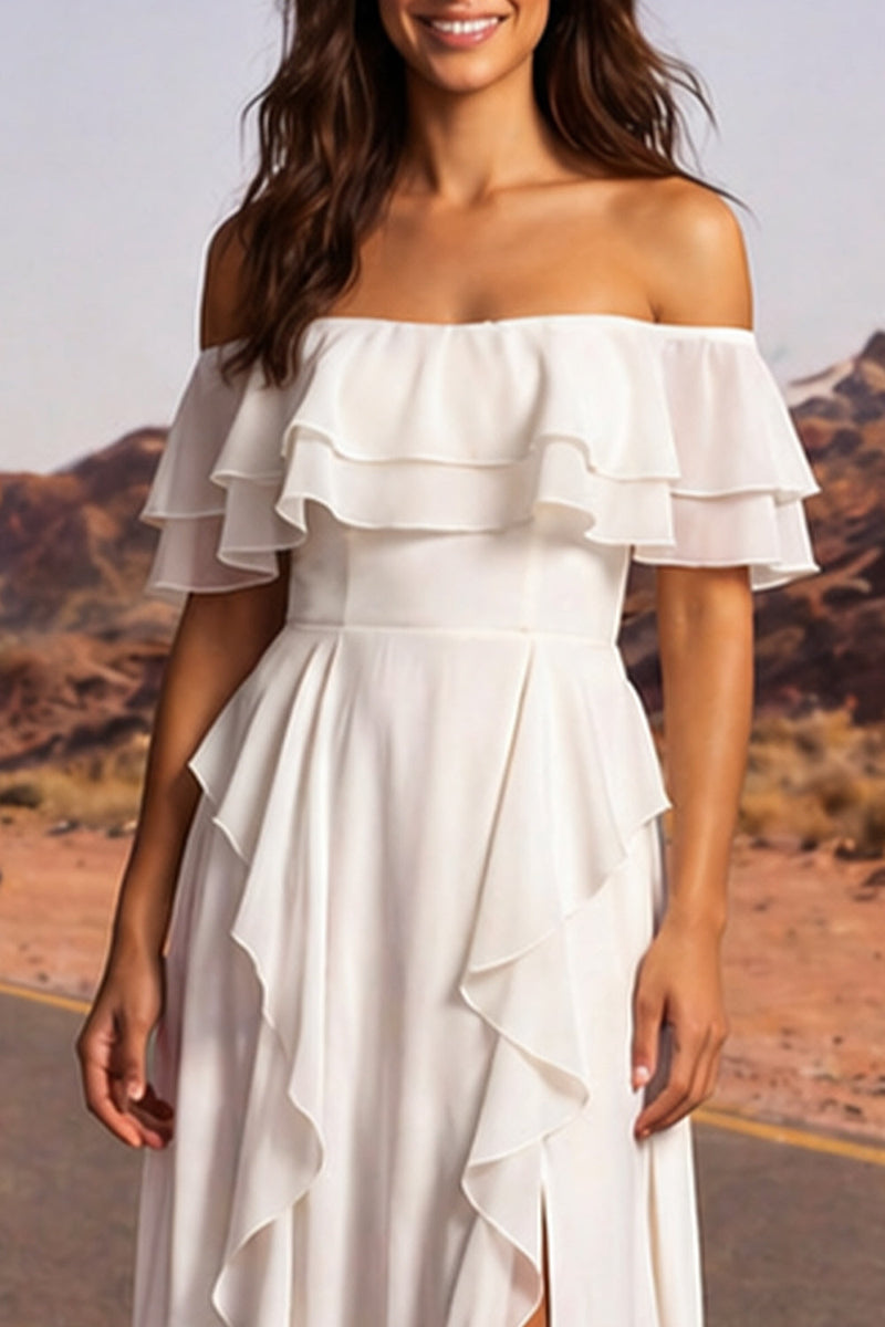 Laden Sie das Bild in den Galerie-Viewer, Off-the-shoulder Elfenbein-A-Linie Rüschen-Boho-Hochzeitskleid