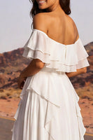 Laden Sie das Bild in den Galerie-Viewer, Off-the-shoulder Elfenbein-A-Linie Rüschen-Boho-Hochzeitskleid