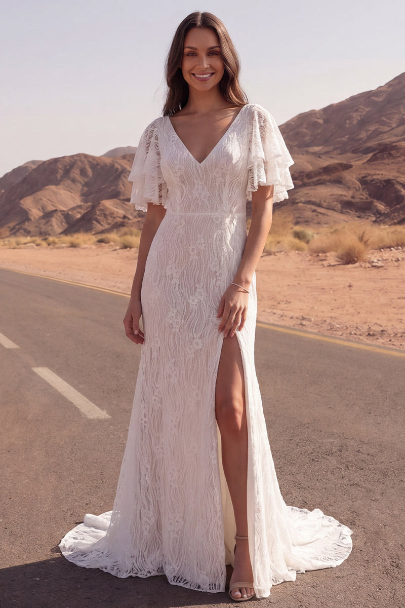 Laden Sie das Bild in den Galerie-Viewer, Spitzen-Elfenbein-Meerjungfrauen-Kurzarm-Boho-Hochzeitskleid