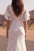 Laden Sie das Bild in den Galerie-Viewer, Spitzen-Elfenbein-Meerjungfrauen-Kurzarm-Boho-Hochzeitskleid