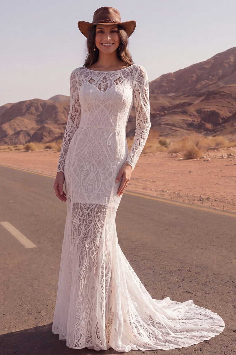 Laden Sie das Bild in den Galerie-Viewer, Spitzen-Elfenbein-Meerjungfrauenlangärmel-Sweep-Sleep-Boho-Hochzeitskleid