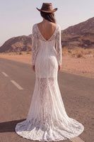Laden Sie das Bild in den Galerie-Viewer, Spitzen-Elfenbein-Meerjungfrauenlangärmel-Sweep-Sleep-Boho-Hochzeitskleid