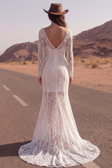 Spitzen-Elfenbein-Meerjungfrauenlangärmel-Sweep-Sleep-Boho-Hochzeitskleid