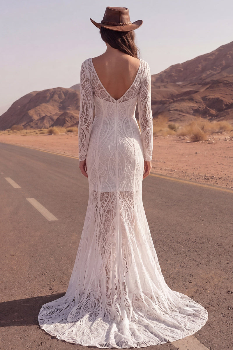 Laden Sie das Bild in den Galerie-Viewer, Spitzen-Elfenbein-Meerjungfrauenlangärmel-Sweep-Sleep-Boho-Hochzeitskleid