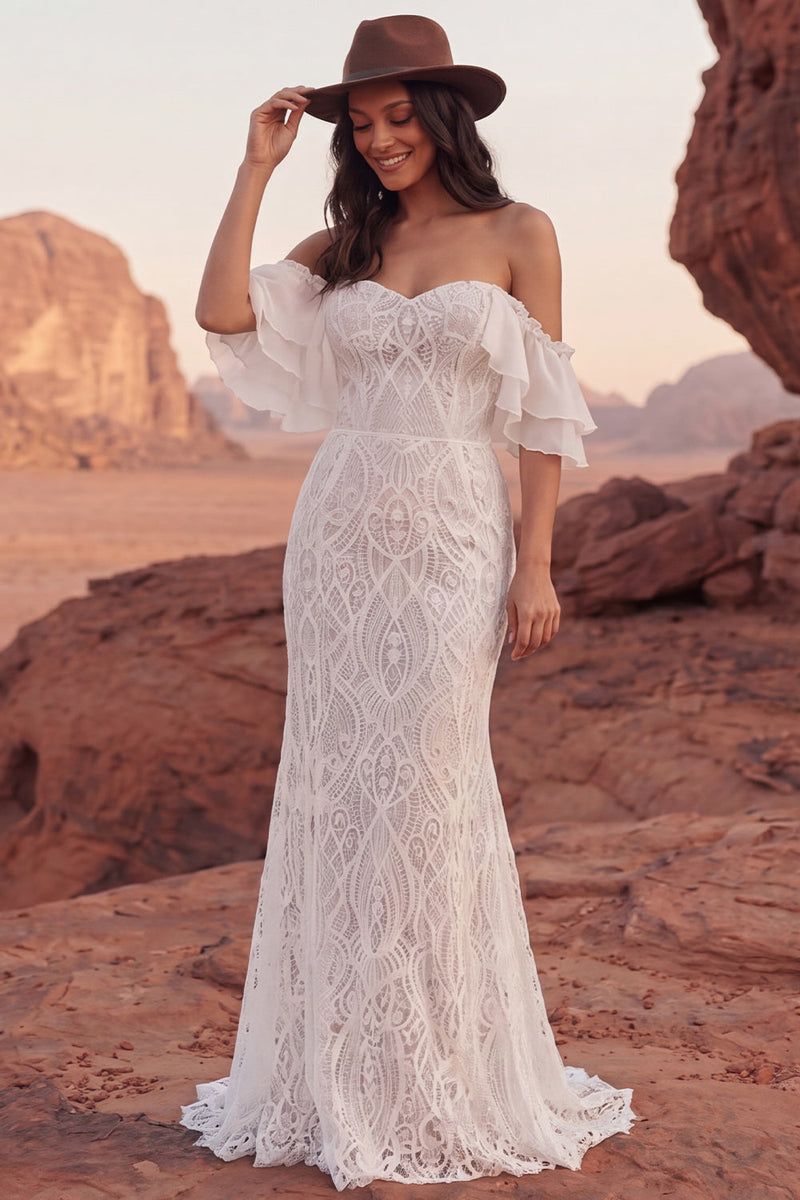 Laden Sie das Bild in den Galerie-Viewer, Schulterloses Elfenbeinspitzen-Meerjungfrauen-Boho-Hochzeitskleid