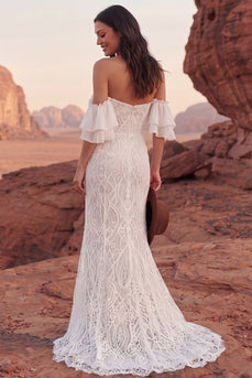 Schulterloses Elfenbeinspitzen-Meerjungfrauen-Boho-Hochzeitskleid