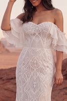 Laden Sie das Bild in den Galerie-Viewer, Schulterloses Elfenbeinspitzen-Meerjungfrauen-Boho-Hochzeitskleid