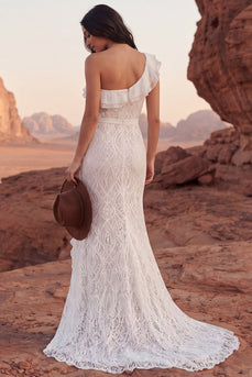 Einschulter-Spitzen-Elfenbein-Meerjungfrauen-Rüschen-Boho-Hochzeitskleid