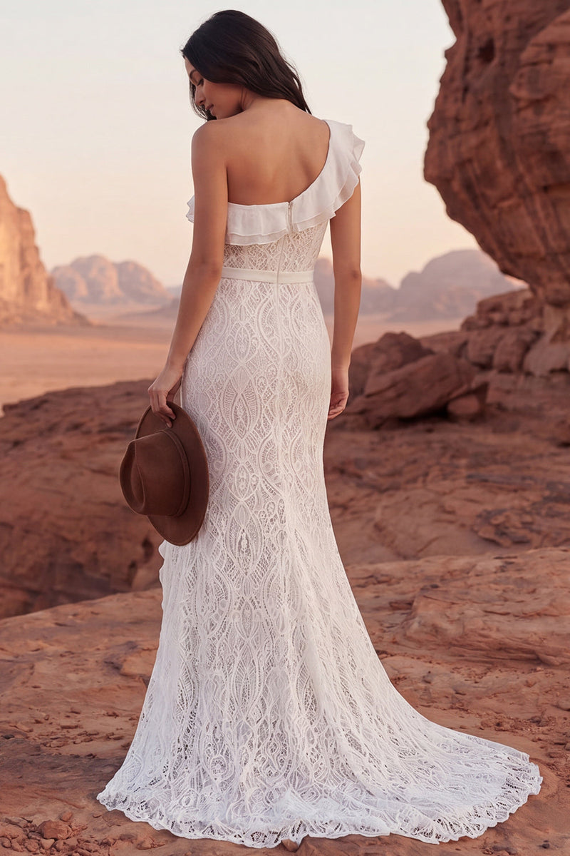 Laden Sie das Bild in den Galerie-Viewer, Einschulter-Spitzen-Elfenbein-Meerjungfrauen-Rüschen-Boho-Hochzeitskleid