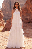Laden Sie das Bild in den Galerie-Viewer, Halter-Rüschen Elfenbein-A-Linie Boho-Hochzeitskleid