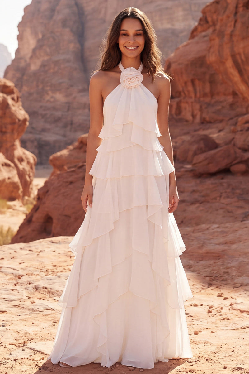 Laden Sie das Bild in den Galerie-Viewer, Halter-Rüschen Elfenbein-A-Linie Boho-Hochzeitskleid