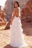 Laden Sie das Bild in den Galerie-Viewer, Halter-Rüschen Elfenbein-A-Linie Boho-Hochzeitskleid