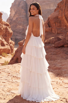 Halter-Rüschen Elfenbein-A-Linie Boho-Hochzeitskleid