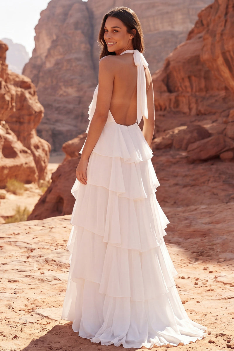 Laden Sie das Bild in den Galerie-Viewer, Halter-Rüschen Elfenbein-A-Linie Boho-Hochzeitskleid