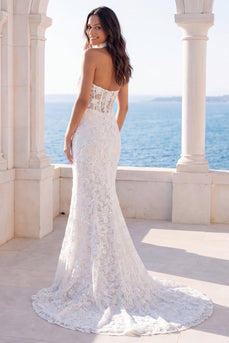 Halter Elfenbein-Meerjungfrauen-Blumen-Sweep-Schlauch-Hochzeitskleid