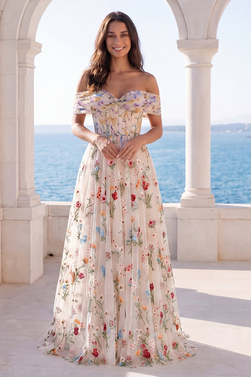 Laden Sie das Bild in den Galerie-Viewer, Off-the-shoulder elfenbeinfarbenes Blumenkorsett A-Line Hochzeitskleid