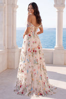 Laden Sie das Bild in den Galerie-Viewer, Off-the-shoulder elfenbeinfarbenes Blumenkorsett A-Line Hochzeitskleid