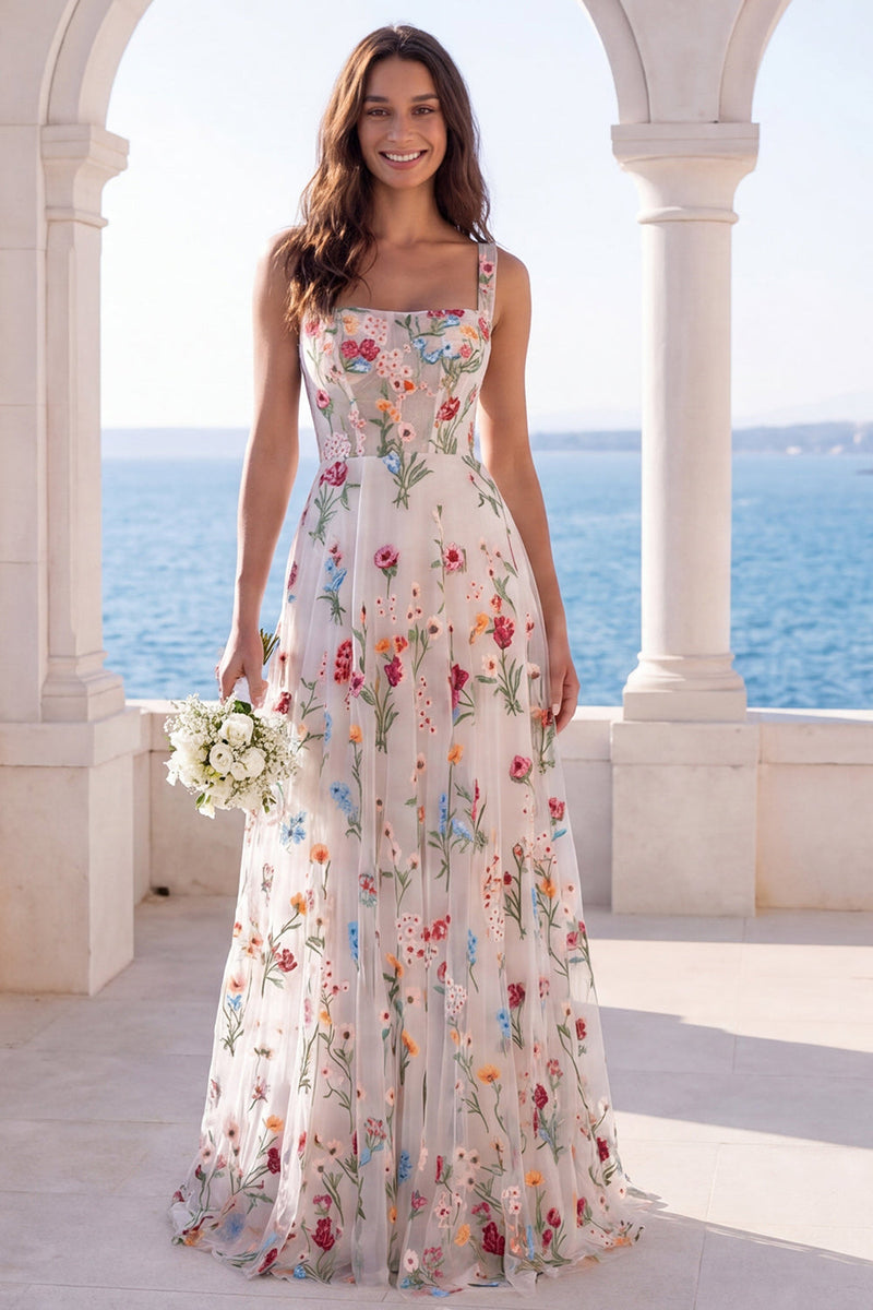 Laden Sie das Bild in den Galerie-Viewer, Elfenbein-A-Linie mit quadratischem Korsett Blumen-Hochzeitskleid