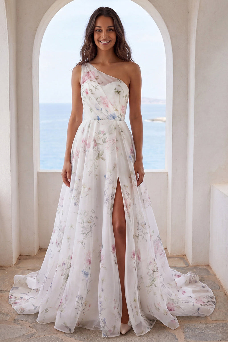 Laden Sie das Bild in den Galerie-Viewer, Ein Schulter, elfenbeinbedrucktes Blumen-Meerjungfrauen-Hochzeitskleid mit Schlitz