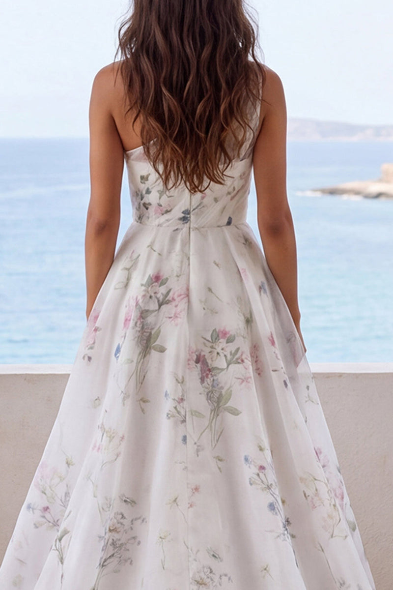 Laden Sie das Bild in den Galerie-Viewer, Ein Schulter, elfenbeinbedrucktes Blumen-Meerjungfrauen-Hochzeitskleid mit Schlitz