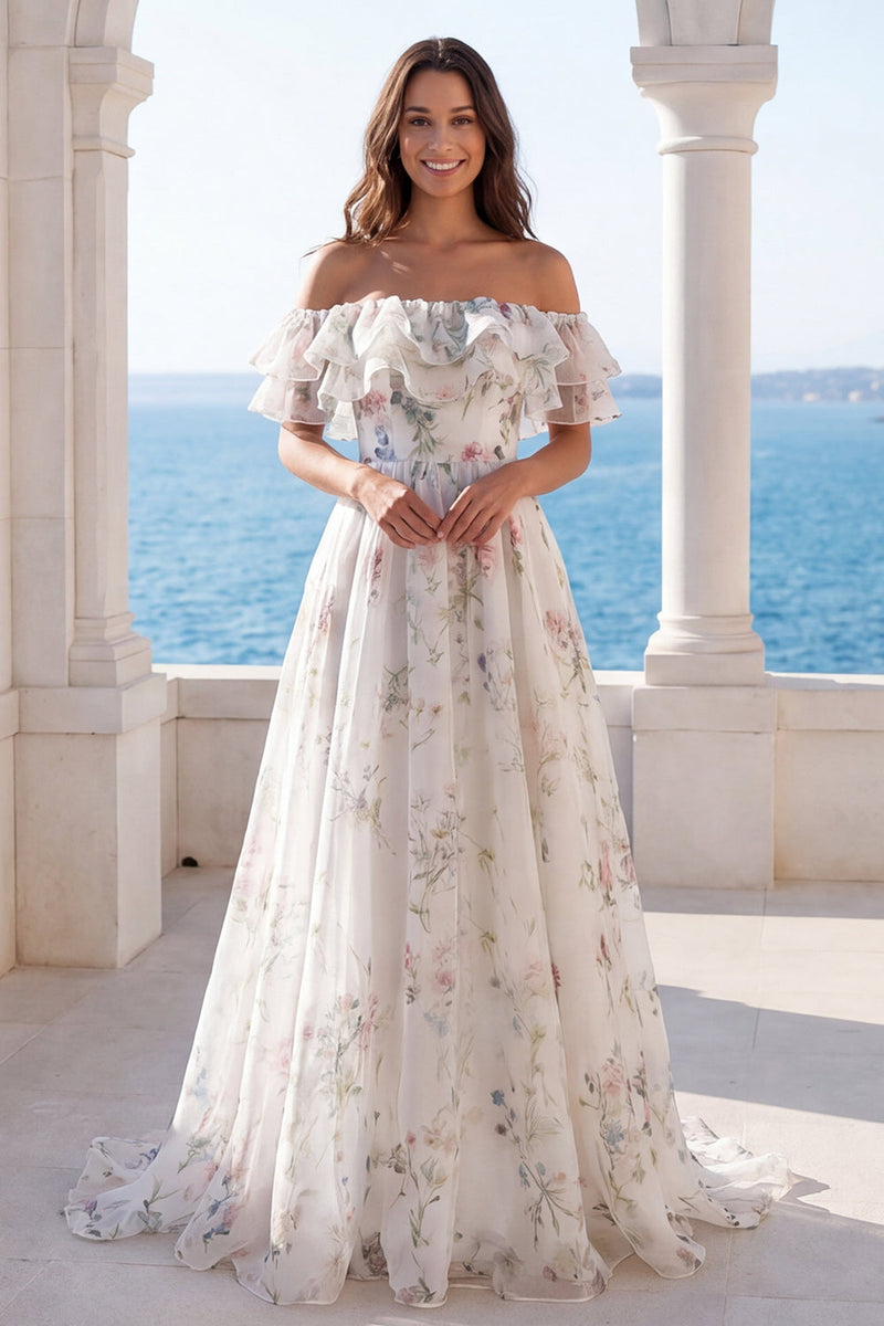 Laden Sie das Bild in den Galerie-Viewer, Off-the-shoulder elfenbeinfarbenes Blumenmuster mit Rüschen