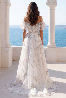 Off-the-shoulder elfenbeinfarbenes Blumenmuster mit Rüschen